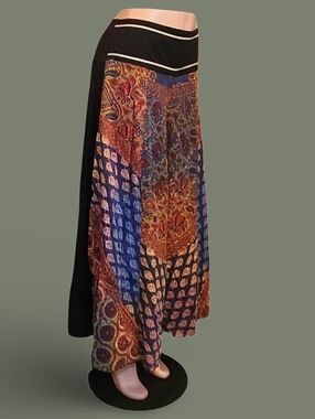 Multicolor Patchwork Wide-Leg Cotton Pants Elastic Waist Bohemian Casual